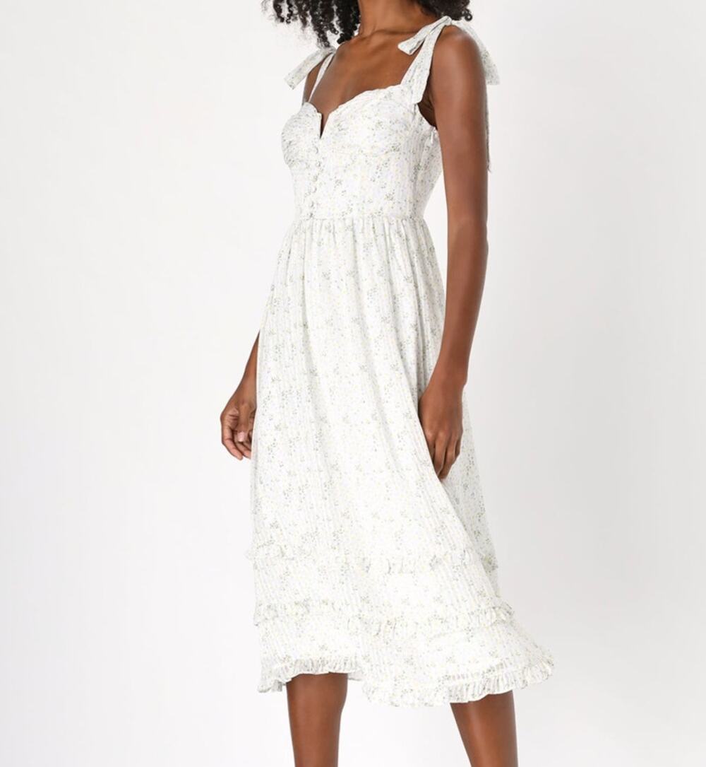 Lulus Lovely Entrance Ivory Floral Tiered Tie-Strap Bustier Midi Dress Size S